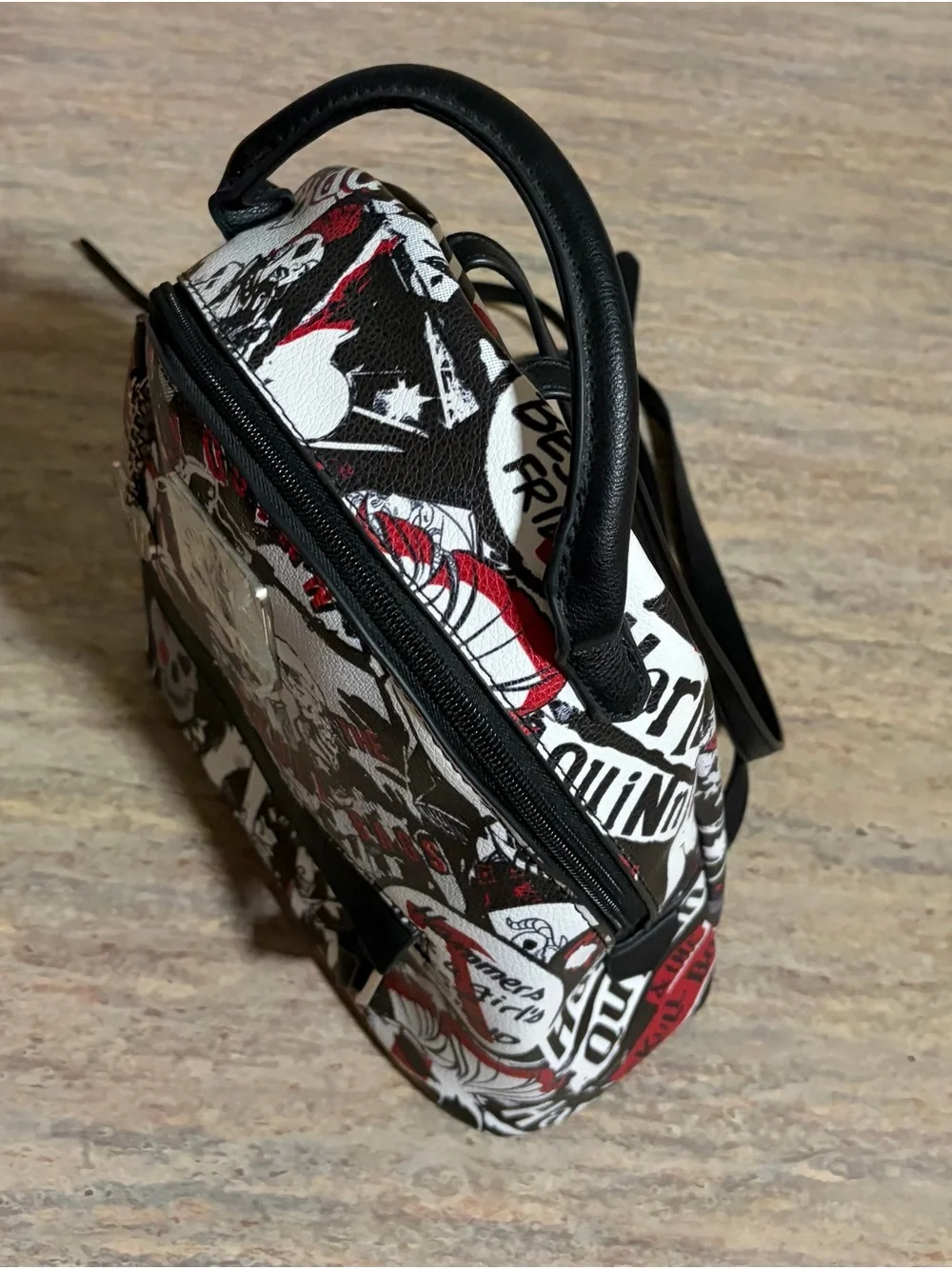 NWOT Harley Quinn Skull Print Mini Backpack Purse in Black White Red